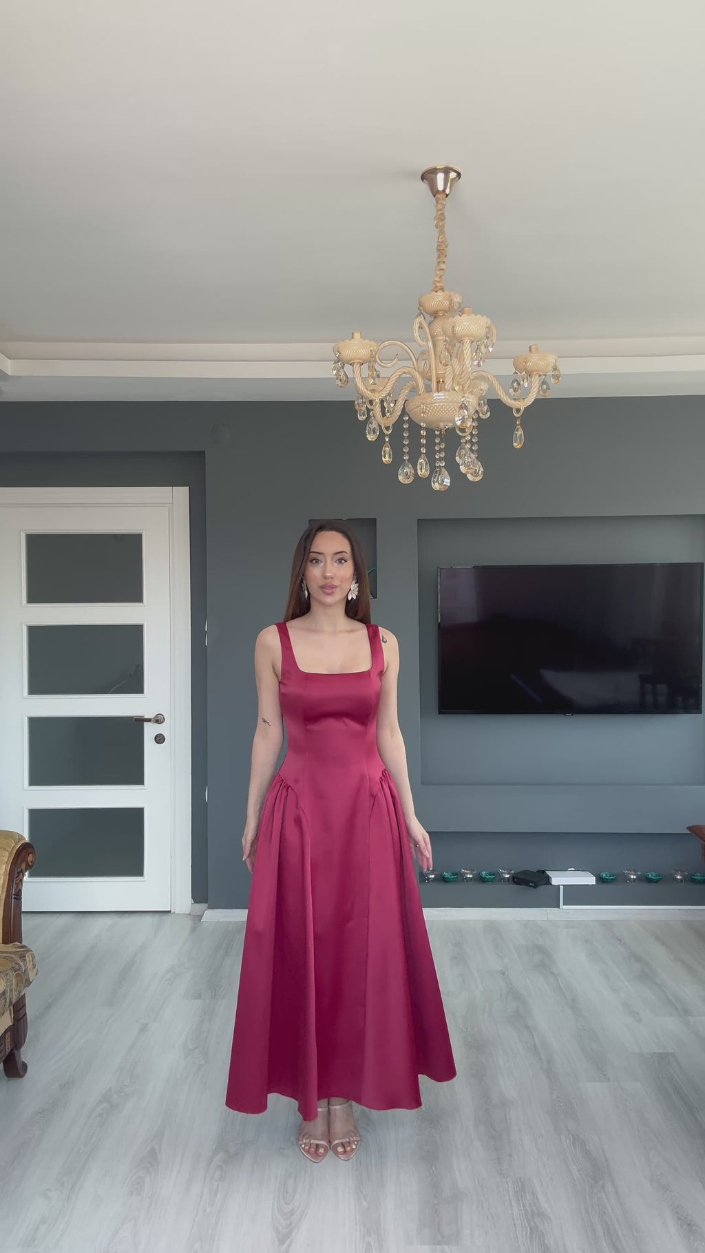 Saten Bel Büzgülü Selene Elbise - KIRMIZI