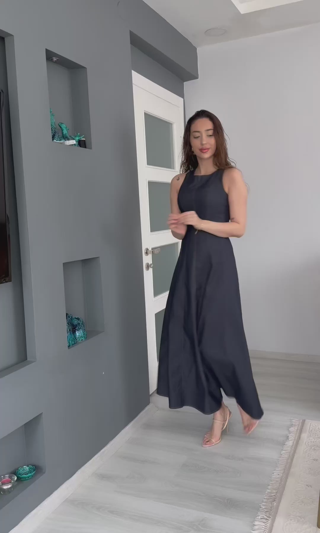 Kolsuz Denim Elbise - LACİVERT