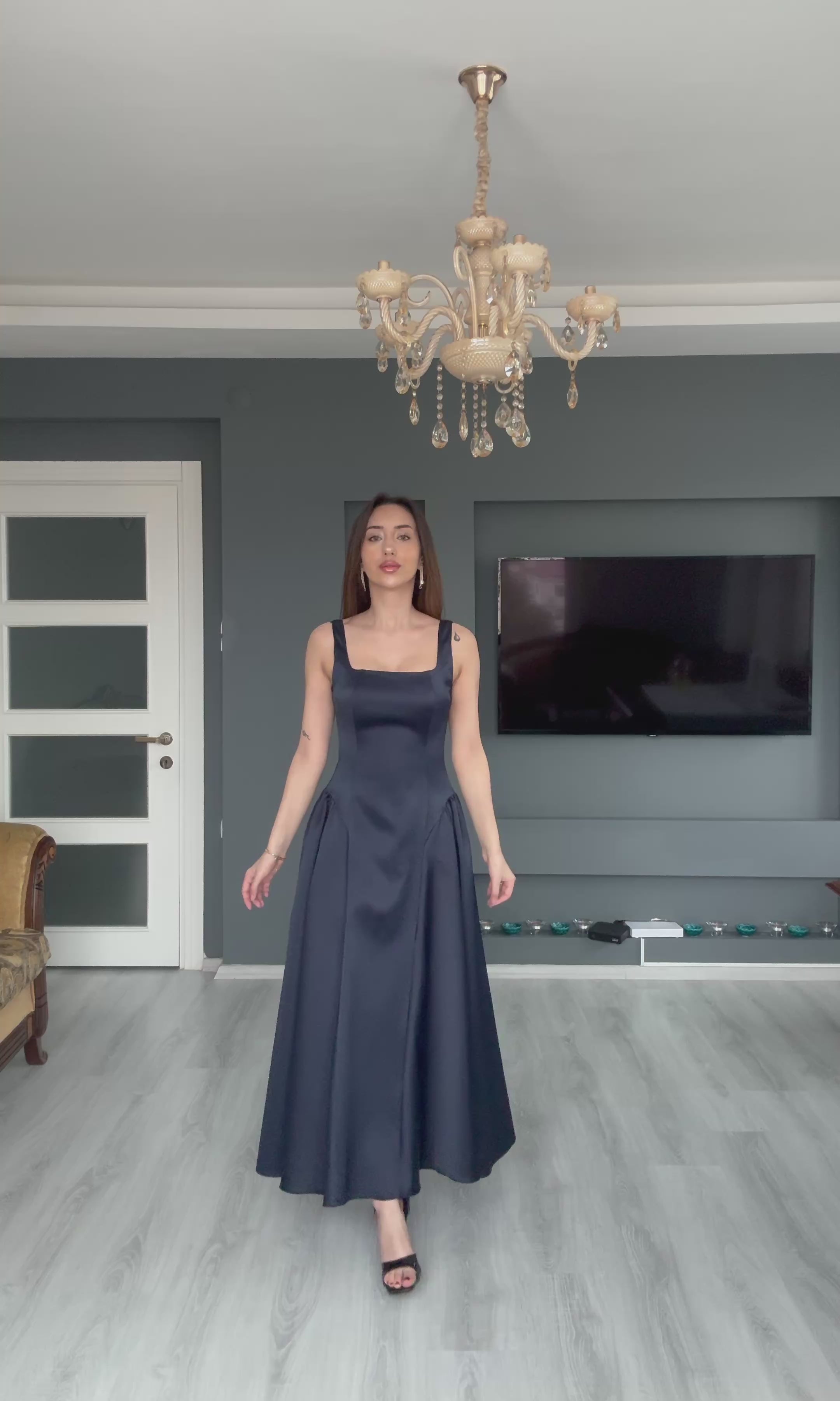 Saten Kumaş Bel Büzgülü Elbise - LACİVERT