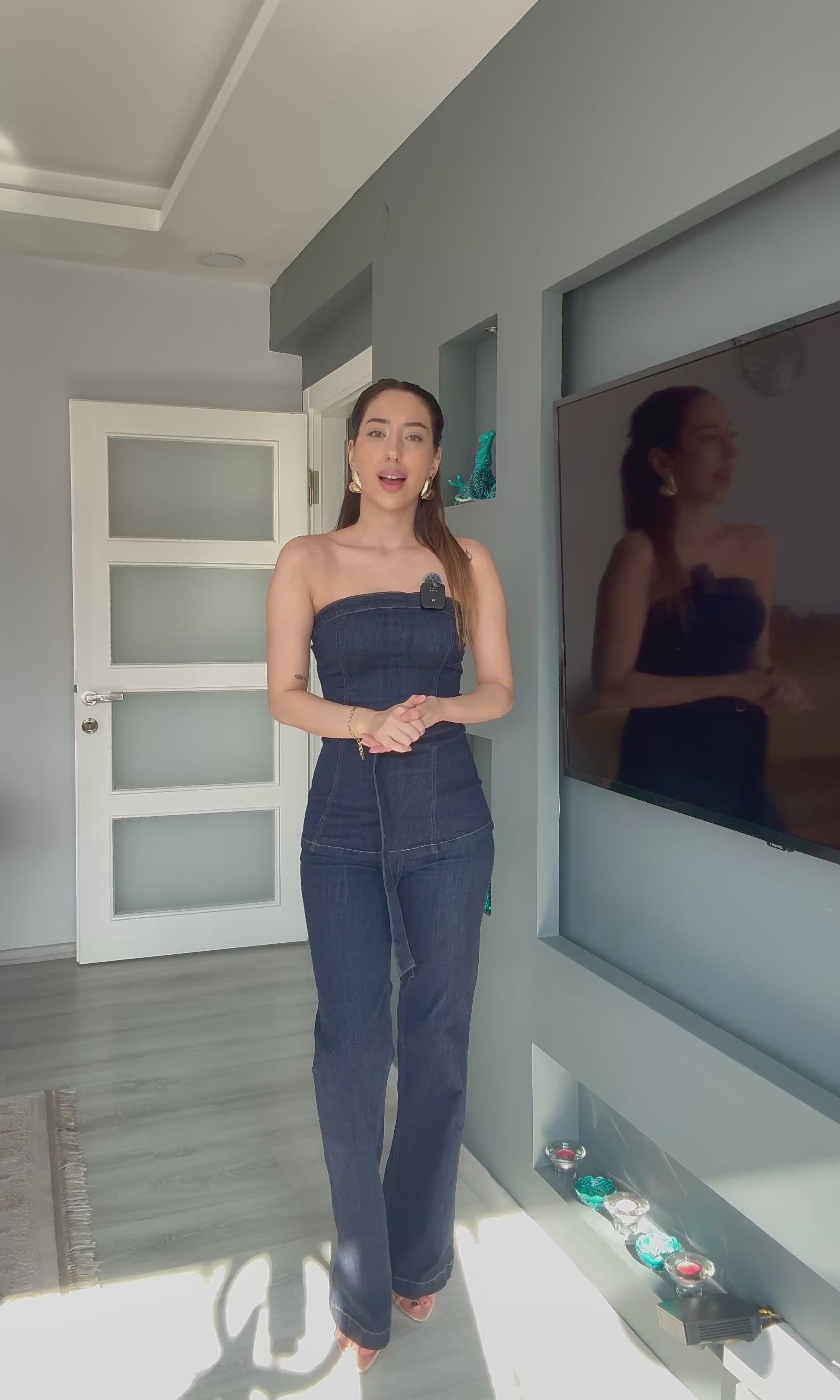 Straplez Kemer Detaylı Likralı Denim Takım