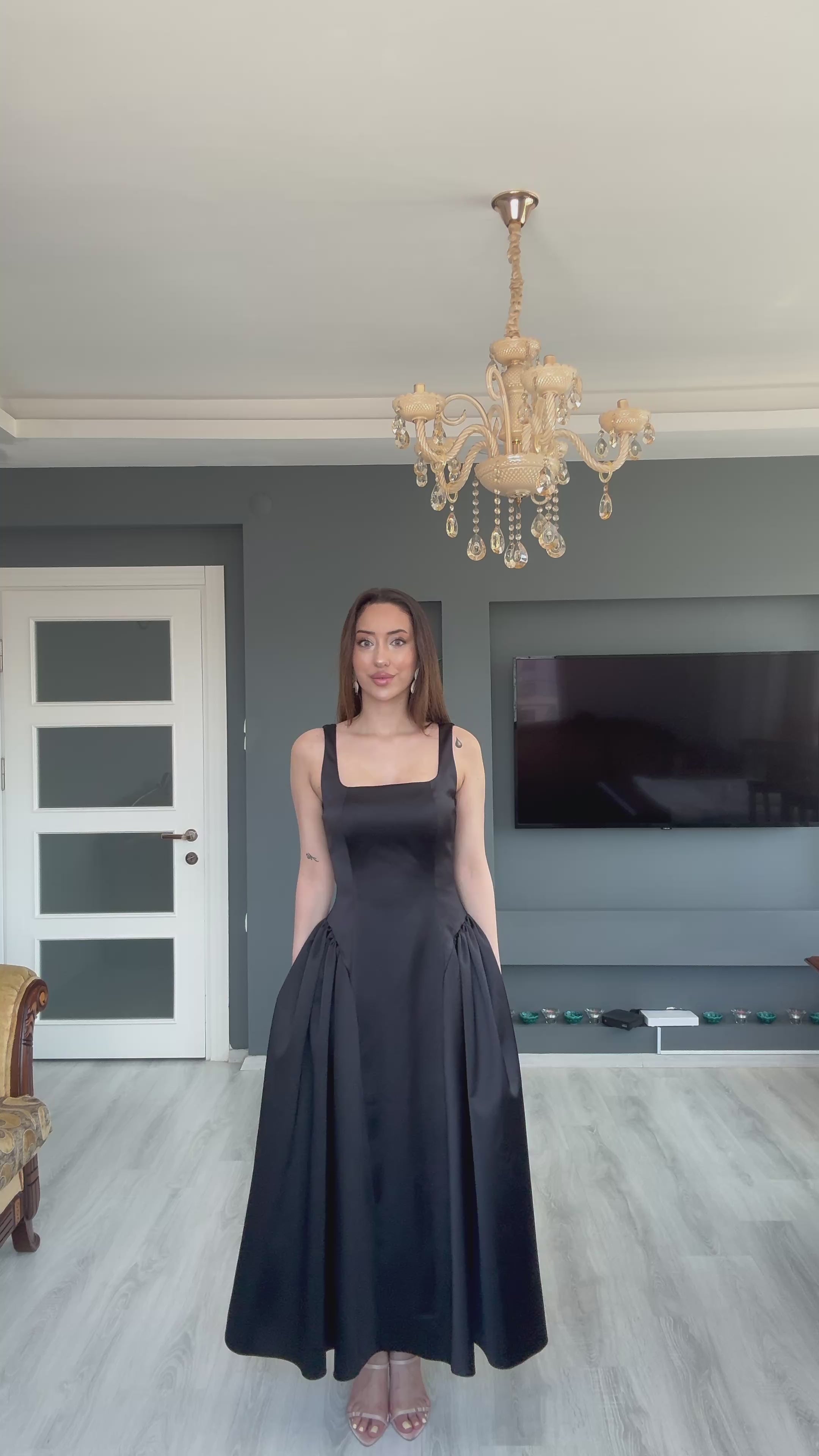 Saten Bel Büzgülü Selene Elbise - SİYAH