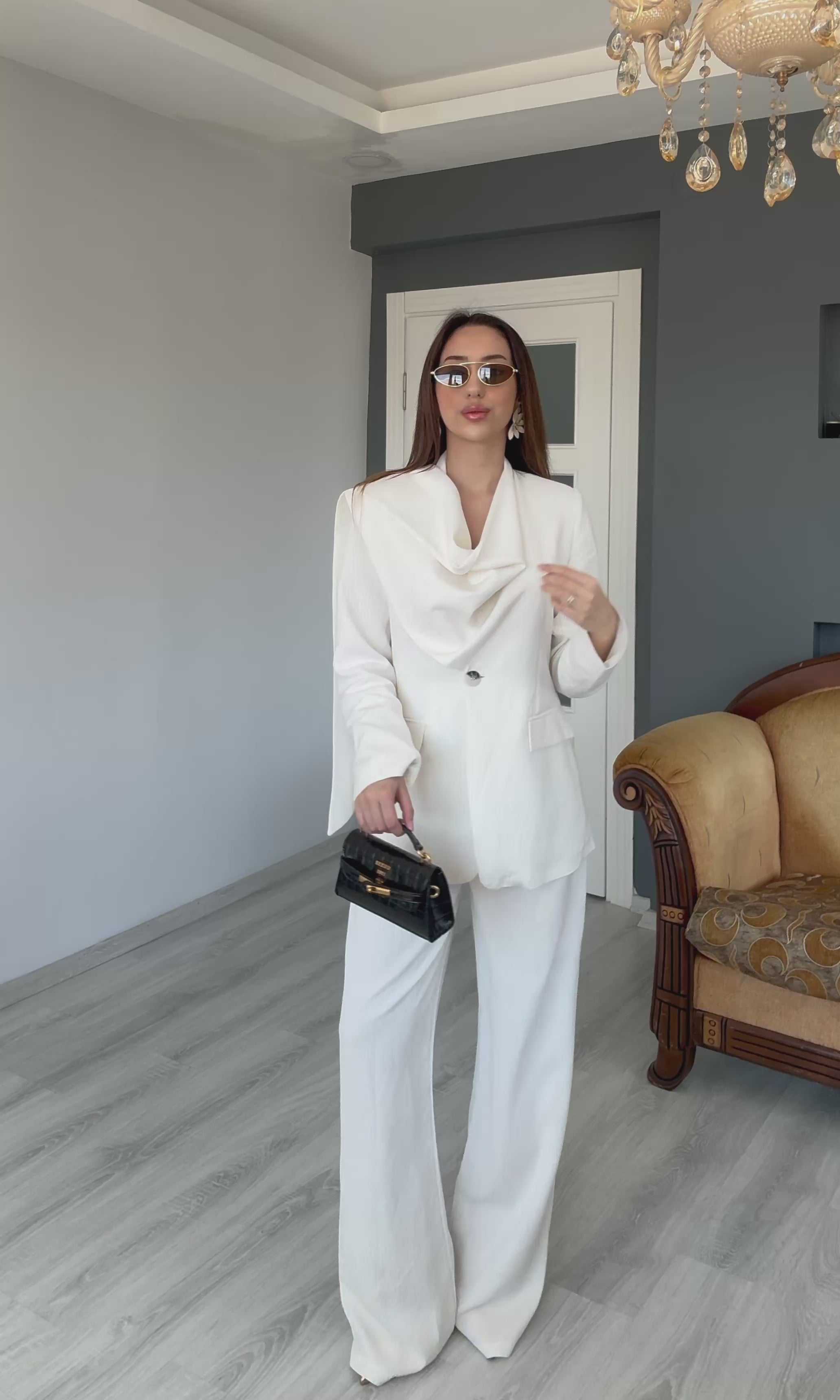 Çizgili Şal Detaylı Blazer Pantolon Takım Premium Kalite - BEYAZ