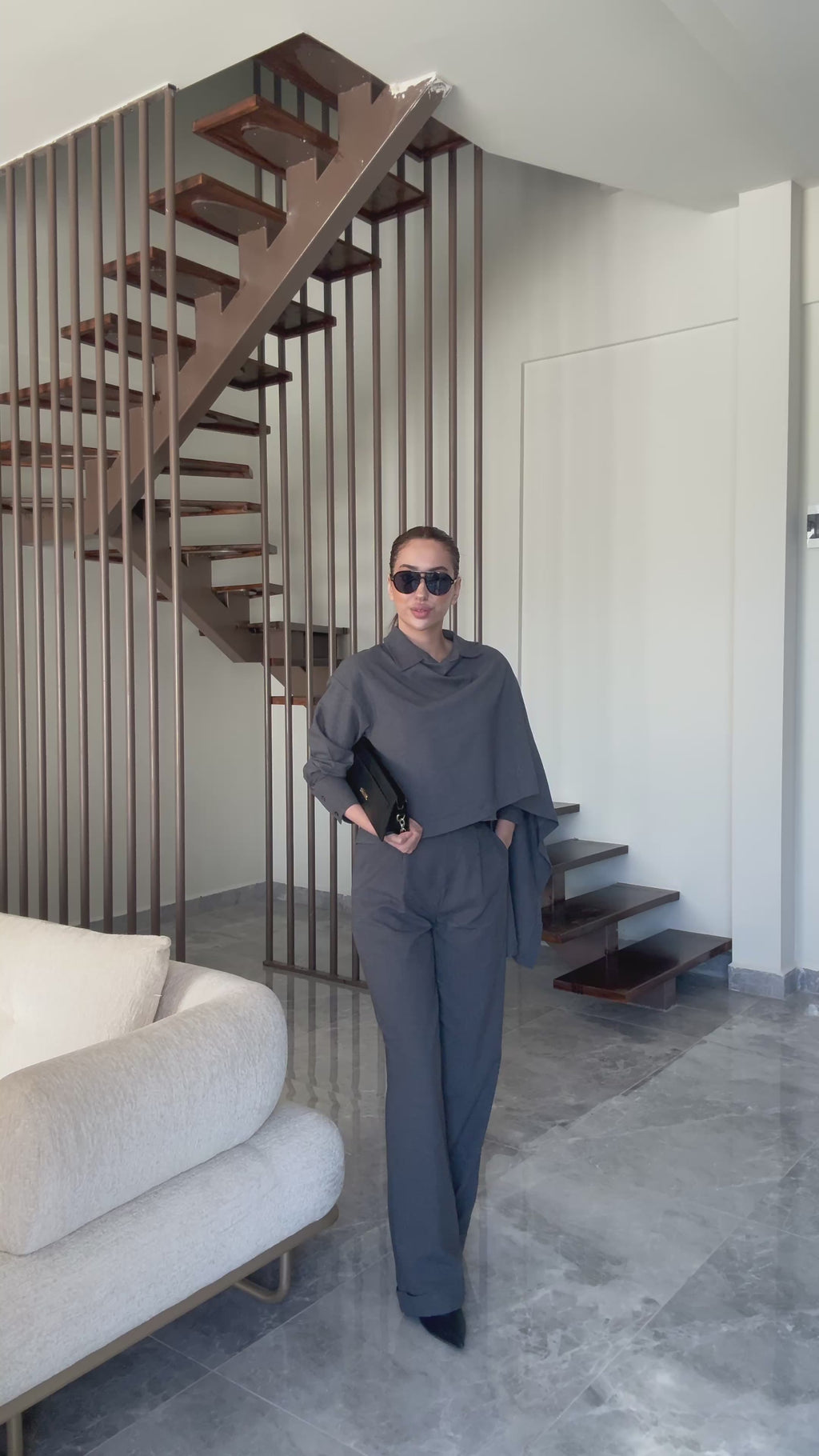 Şallı Gömlek Palazzo Pantolon Gri İkili Takım