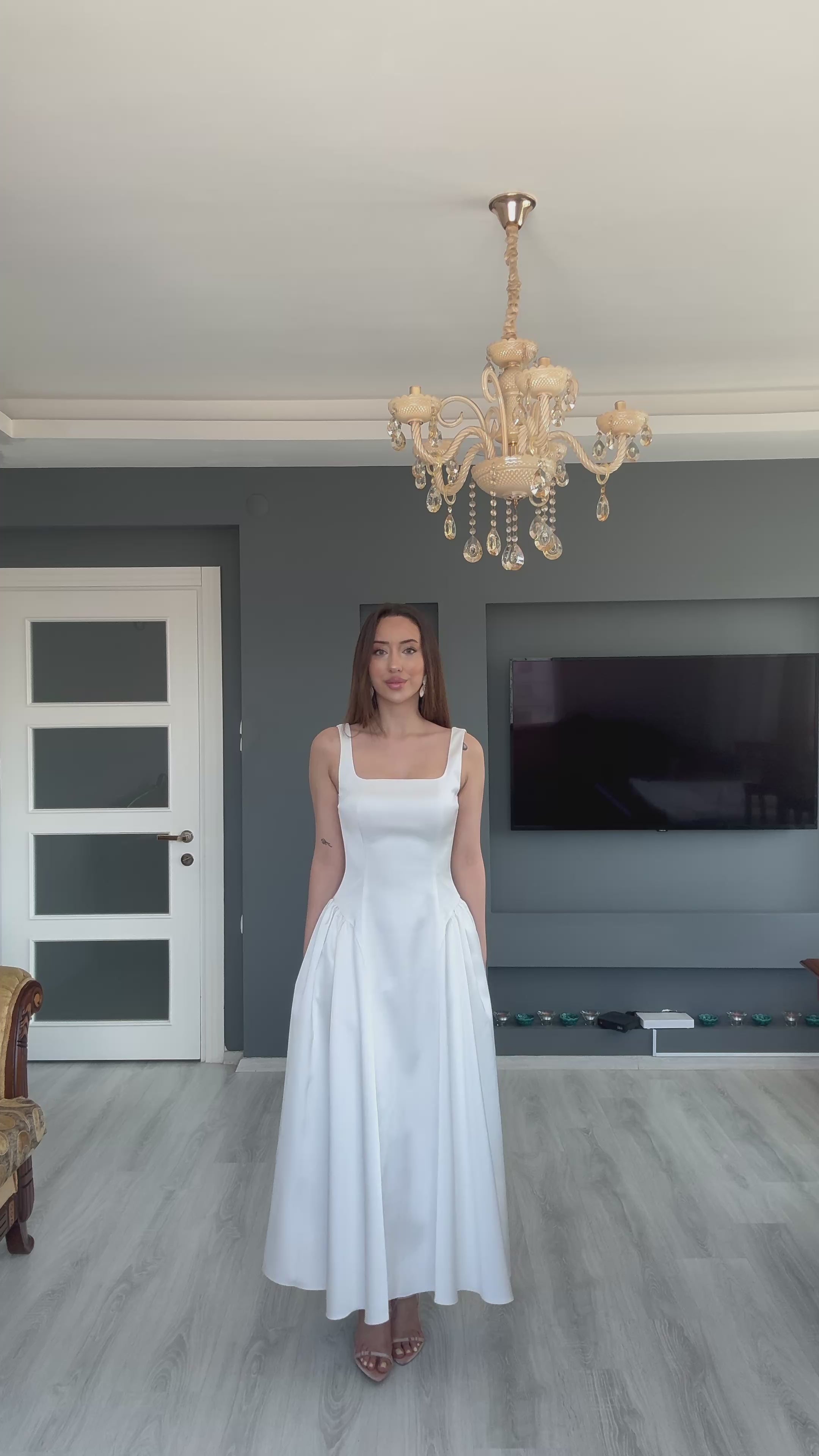 Saten Bel Büzgülü Selene Elbise - BEYAZ